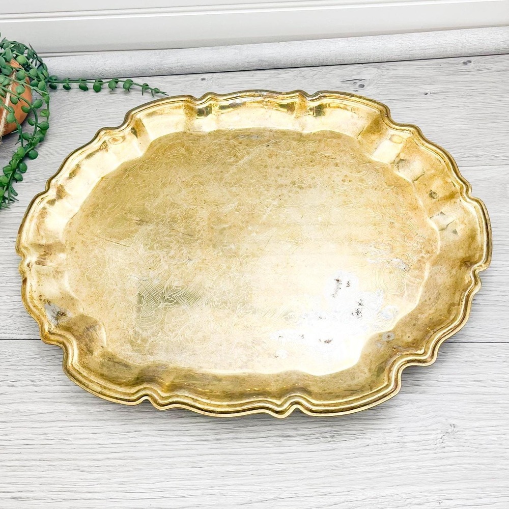Vintage Etched Brass Platter: Floral Trinket Dish, Mid-Century Tray